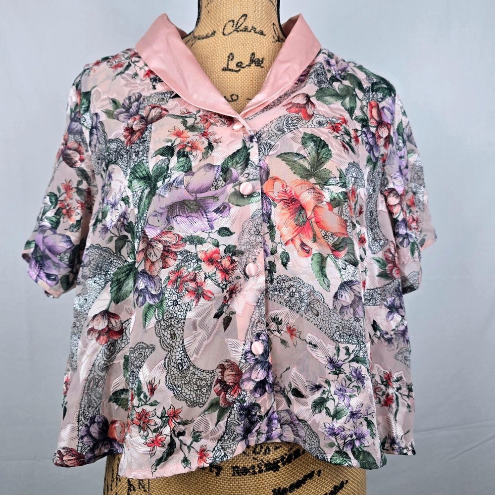 Vintage Victorias Secret Gold Label Pink Sheer Floral Pajama Top Small